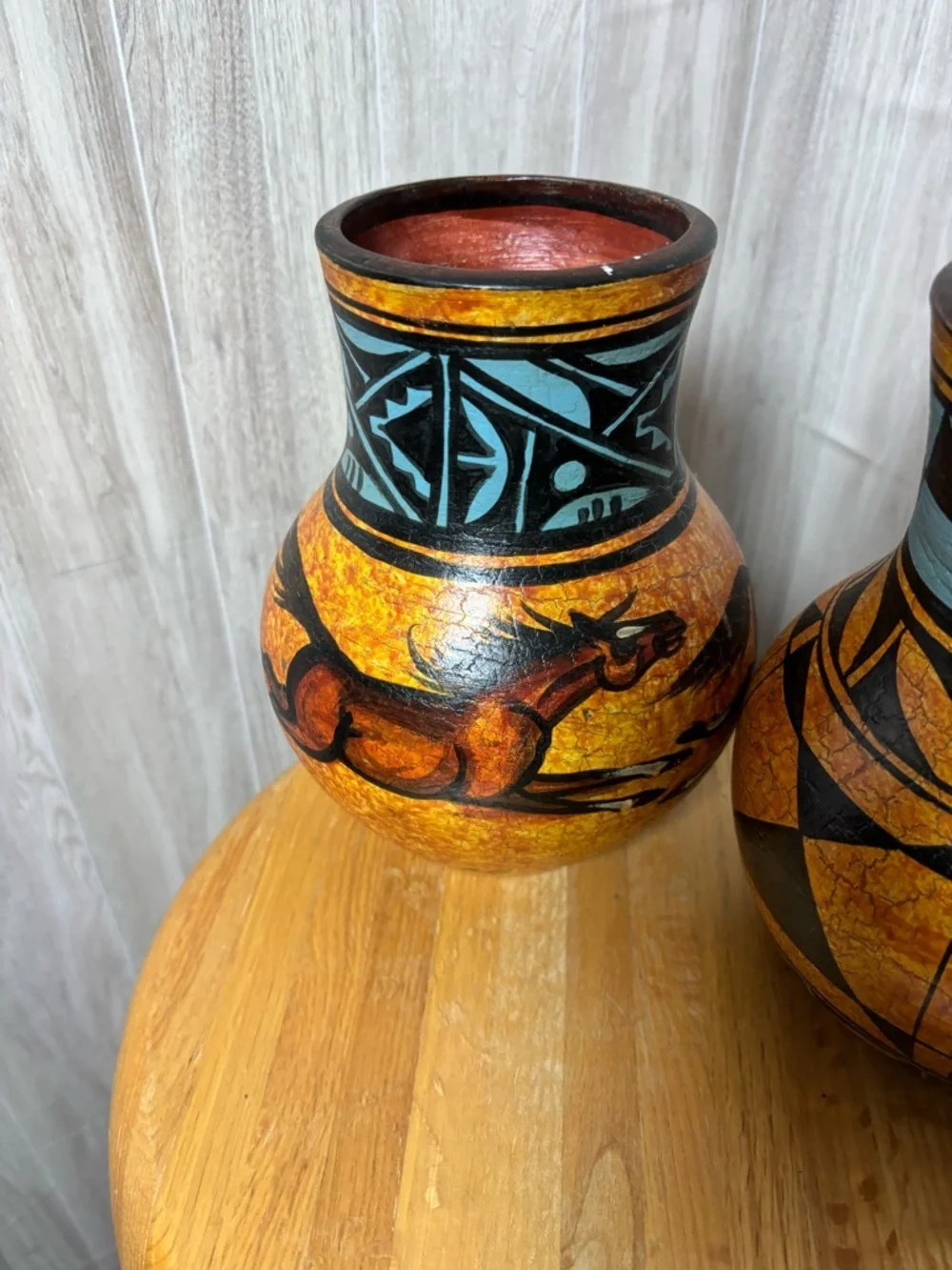 Solis Ollin Mexican Pottery Vases Hand painted Signed in Mexico Horses Cave Art